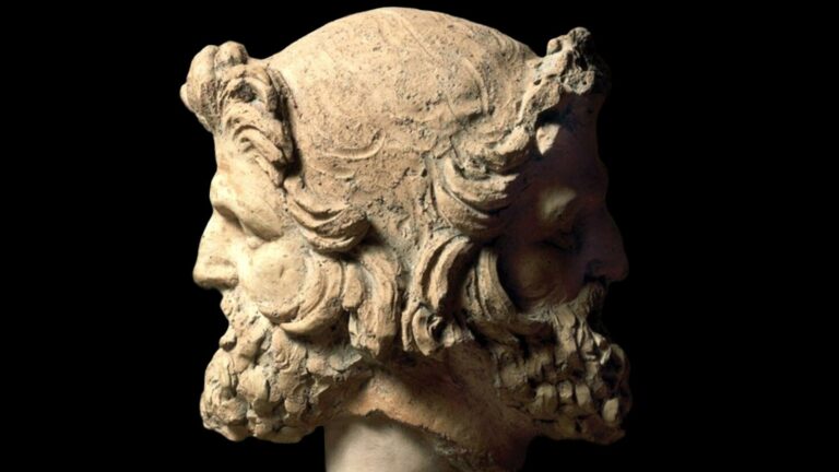 sculpture bust of the ancient Roman god Janus with two faces in the same head looking opposite directions on a black background